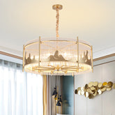 Traditional Prismatic Glass 10-Light Gold Round Chandelier Lamp with Mountain Pattern - Ceiling Pendant Light - This stunning and unique Round Chandelier Lamp is ideal for hallway, living room and dining room areas. The detailed mountain pattern and traditional